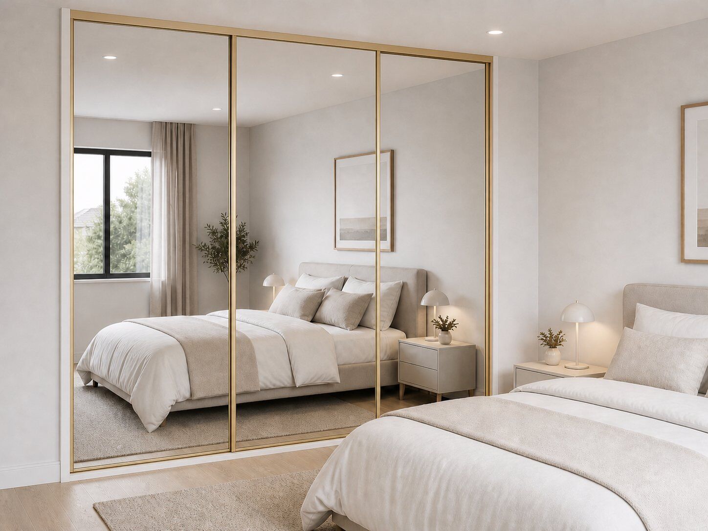 DIY Sliding wardrobe doors with mirror inserts and brused gold frame