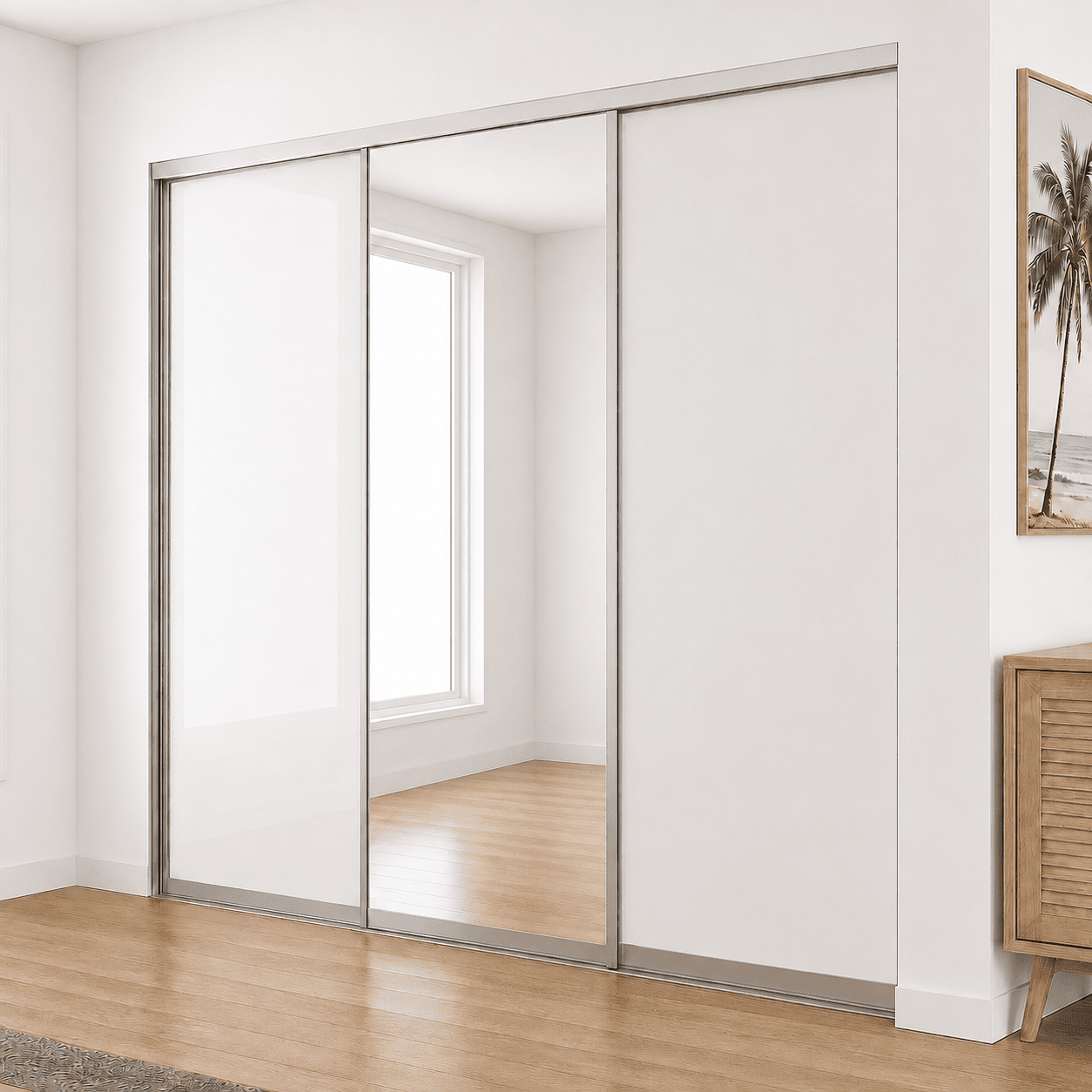 Slimline sliding wardrobe with 3 doors in chrome with white glass and mirror inserts — Cabarita Beach