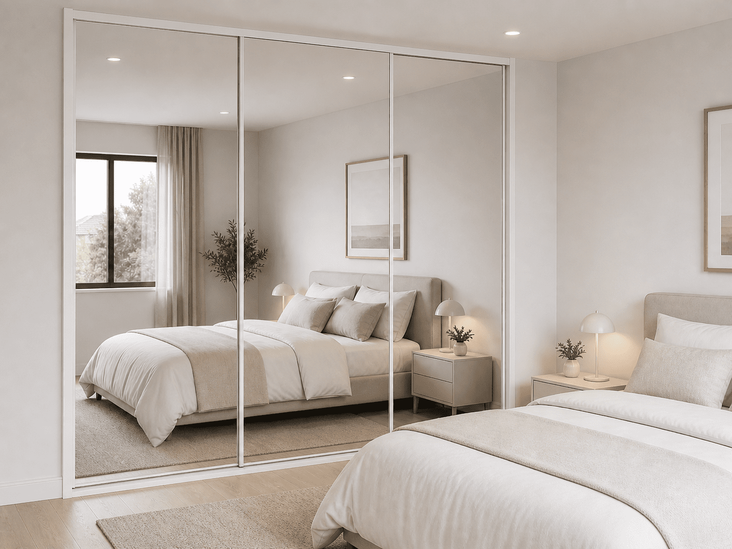 Framed sliding wardrobe doors in white with mirror inserts — Broadbeach