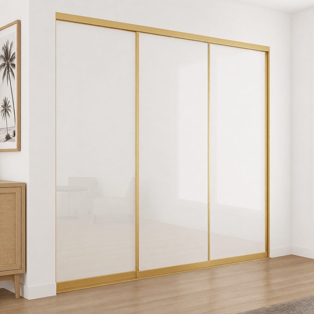 DIY Slimline sliding wardrobe doors with brushed gold frame and white glass inserts