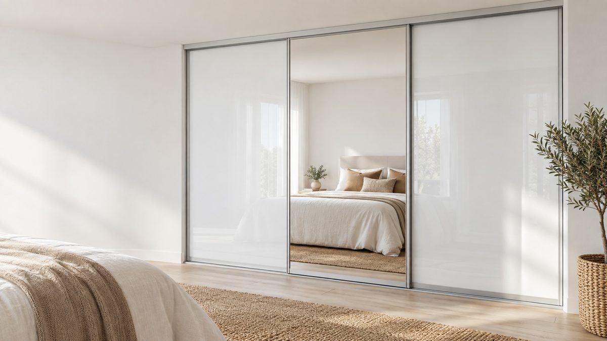 DIY Slimline sliding wardrobe doors with white glass and mirror inserts