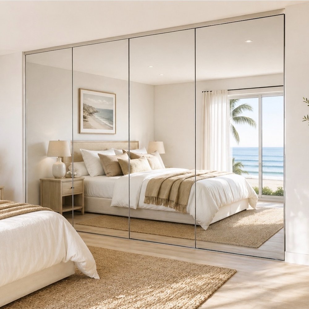 Frameless full mirror sliding wardrobe doors in a Gold Coast bedroom