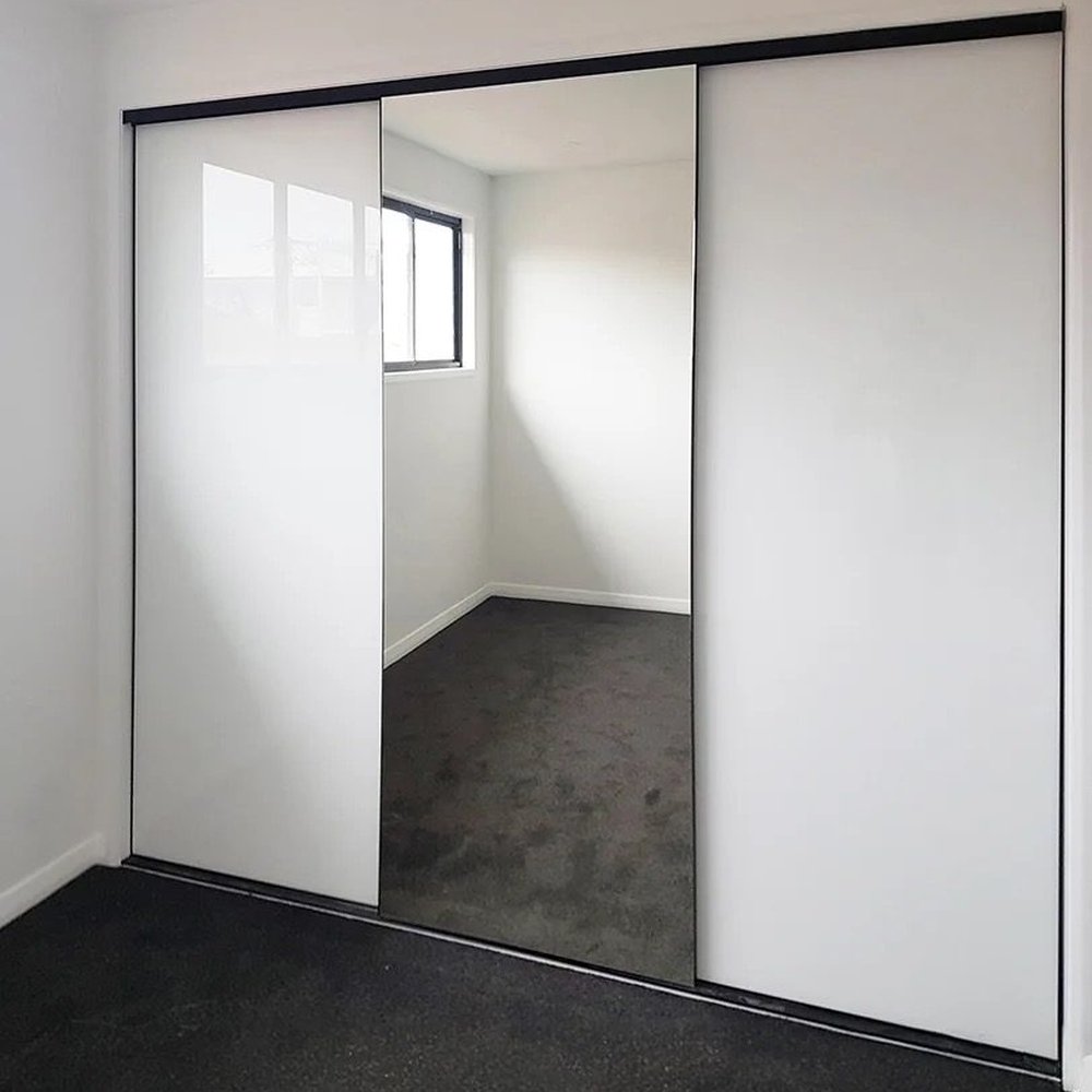 Frameless white glass and mirror three door sliding wardrobe