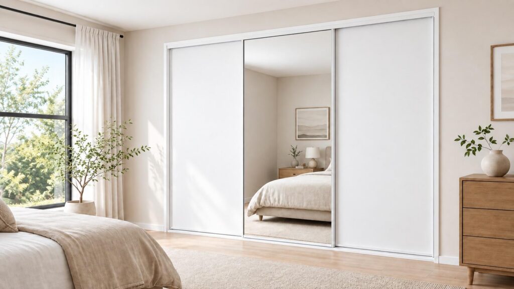 Mirror sliding wardrobe doors in a coastal bedroom